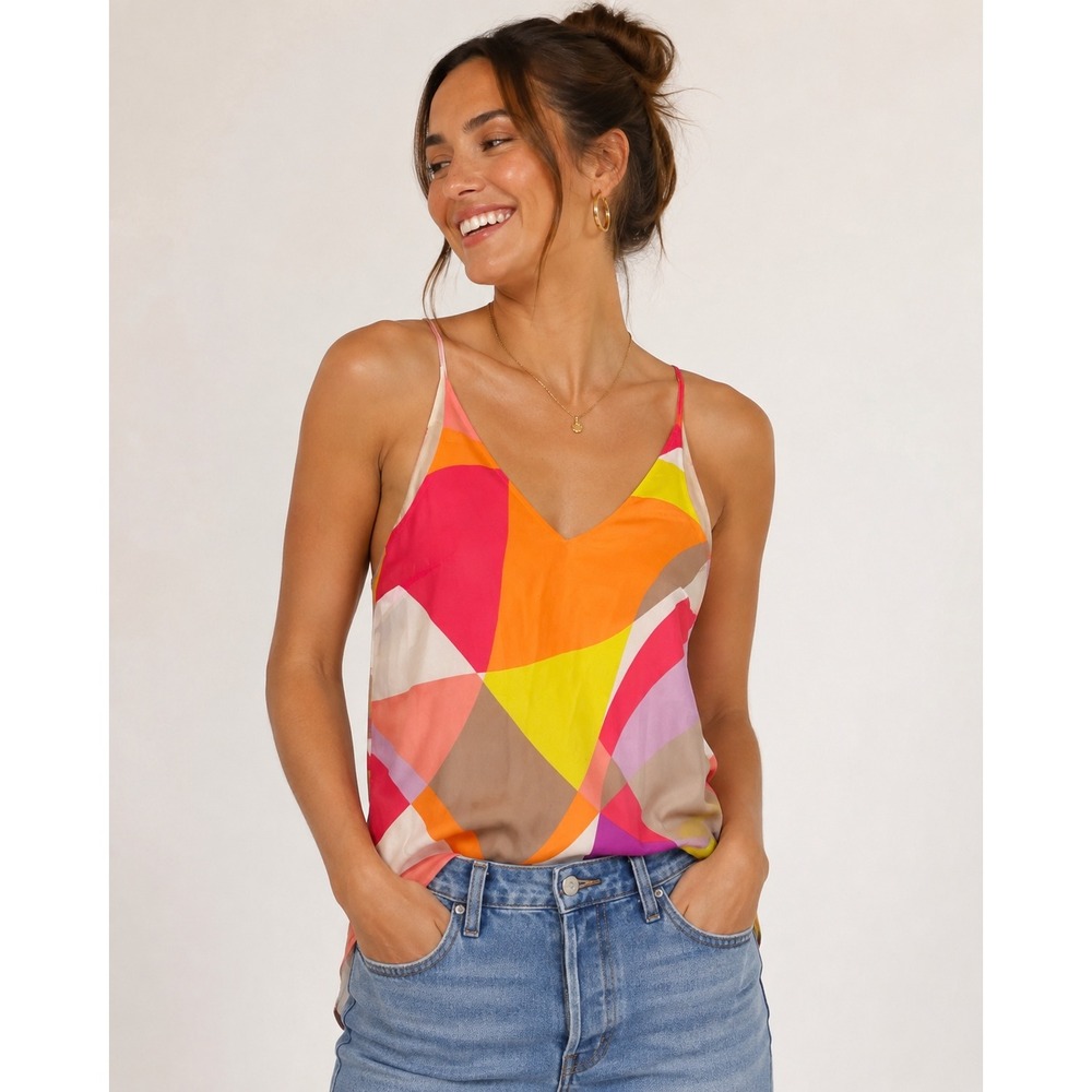 Trina Turk Womens Silk Geometric Print Cami V-Neck Tank Top Pink Orange Size M